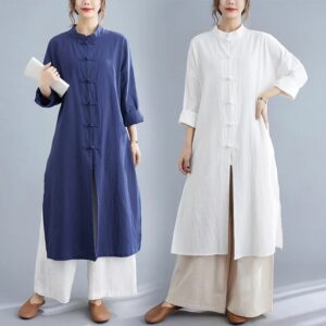 Ropa tradicional china para mujer, Top holgado de algodón de manga larga con botonadura única, ropa de té de meditación, primavera y otoño