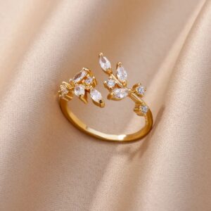 Anillos abiertos de hojas de circón para mujer, anillo de hoja de acero inoxidable de Color dorado, regalo de joyería estética de boda