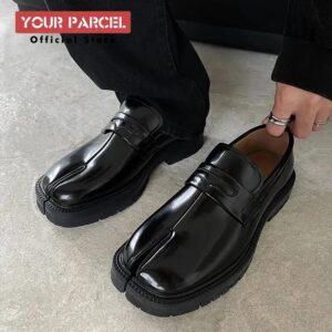 Zapatos de herradura con punta dividida para hombre, zapatos Lefu de suela gruesa, zapatos Tabi de charol, versión coreana, zapatos de cuero informales de tendencia