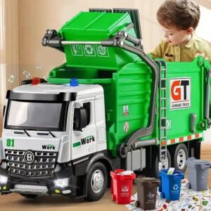 Camión de basura de Metal fundido a presión para niños, juguete alimentado por fricción, camión de basura con luz y sonidos