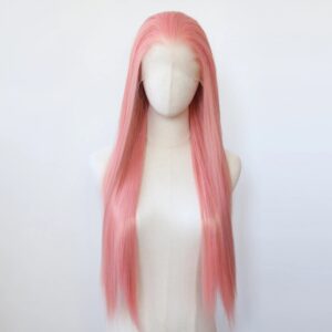 Peluca sintética con malla frontal, pelo largo y liso, prearrancado, resistente al calor, uso diario, Cosplay, Rosa
