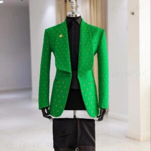 Traje con cuentas de diamantes verdes para hombre, esmoquin de solapa ancha, ropa de trabajo Formal para novio, boda, graduación, talla grande, 2 piezas