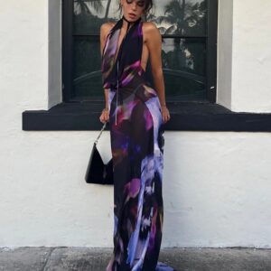 Vestido largo con espalda descubierta para mujer, traje Sexy con estampado púrpura, cuello Halter, ajustado, elegante, sin mangas, y Club para fiesta, verano, 2022