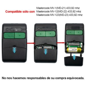 Clemsa MASTERCODE MV-12 Mando a distancia 433,92 MHz, Compatible con CELMSA MASTERCODE MV-1, MV-12, MV-123, MV1, MV12, MV123, MD-21, MD-22