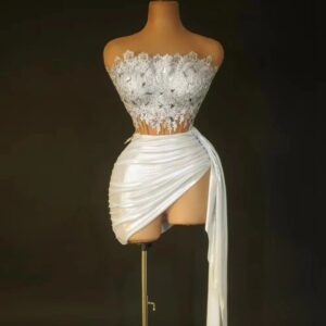 Vestido corto de vendaje blanco Sexy para mujer, conjunto de 2 piezas, espejos brillantes, vestido de noche para baile de graduación, celebración de cumpleaños, ropa para sesión de fotos