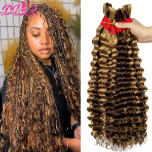Cabello humano trenzado de onda profunda a granel, 4/27 resaltado sin trama, 100g por paquete, 2 mechones para trenzas Boho, 100% cabello humano virgen sin procesar