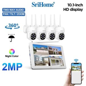 Srihome-sistema de cámaras de seguridad POE con pantalla LCD de 10,1 pulgadas, grabador de vídeo de detección IA, Kit de cámara IP de vigilancia NVR, 4 canales, 2MP