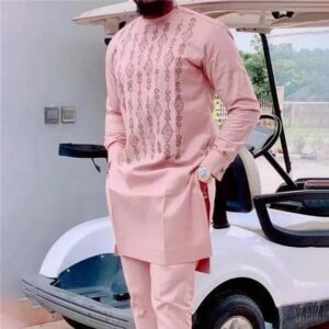 Conjunto de dos piezas para hombre, traje africano de manga larga, cuello redondo, Camisa estampada, pantalones, trajes de fiesta de boda tradicionales africanos, trajes delgados