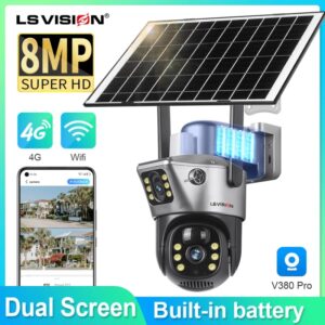 LS VISION Cámara Solar 4G Sim para exteriores, lente Dual, WiFi, 8MP, 4K, IP, Panel Solar, seguridad CCTV, batería integrada, cámara PIR, V380