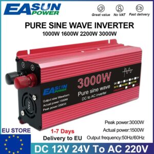 EASUN-inversor de potencia de onda sinusoidal pura, microinversor de voltaje de 1000W, 1600W, 3000W, 12V, 24V, 220V, CC 50/60HZ, dispositivo doméstico