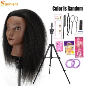 Cabeza de maniquí africano 100% cabello Real cabeza de entrenamiento de peluquería con trípode maniquí cosmetología cabeza de muñeca para Estilismo trenzado