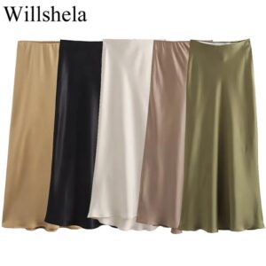 Willshela-Falda Midi plisada de satén para mujer, falda Vintage de cintura elástica media, faldas elegantes para mujer