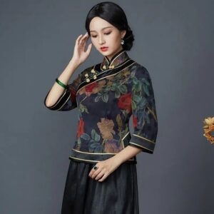 Traje tang de estilo chino para mujer, top cheongsam vintage, camisa de satén con estampado floral, top retro oriental, blusa holgada elegante pd 2024