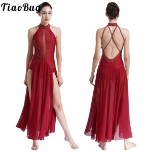 Vestido de baile lírico moderno para mujer, leotardo con diamantes de imitación, superposición de gasa, vestido largo dividido para Ballet, gimnasia, actuación
