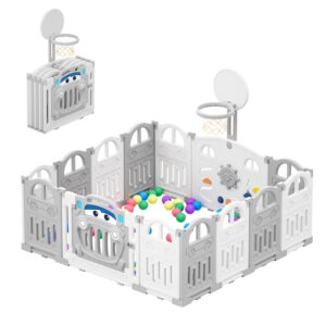 UBRAVOO-corralito plegable para bebé, con aro de baloncesto y pelotas de color de 50 piezas, cerca de bolígrafo de juego para niños pequeños y bebés, 14 paneles