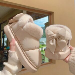 Botines de nieve con nudo de lazo para mujer, zapatillas de felpa y aislamiento grueso, impermeables, de algodón PU, para el hogar, Invierno