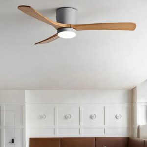Ventilador de techo de bajo perfil con luces, 3 aspas de madera tallada, Motor Reversible silencioso, Control remoto, montaje empotrado