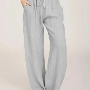 Pantalones de lino y algodón para mujer, Pantalón liso, informal, con cintura elástica y bolsillos, de pierna ancha, a la moda, para verano y otoño