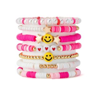 Pulsera de arcilla suave de princesa rosa, brazalete elástico con cuentas de estrella en forma de corazón, sonrisa, opción Ideal para regalos, estilo de verano, 7 piezas por juego