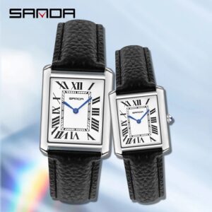 SANDA-reloj de cuarzo con números romanos para hombre y mujer, pulsera de cuero de acero inoxidable, informal, resistente al agua