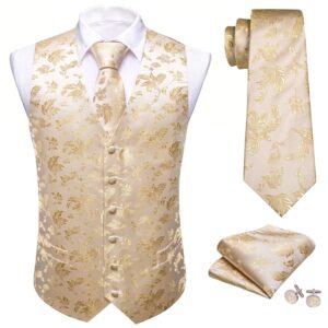 Chaleco de seda de lujo para hombre, conjunto de corbata con bordado de flores doradas y Beige, trajes de fiesta de negocios de boda, chaqueta sin mangas, Barry Wang