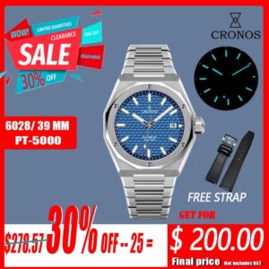 Cronos-Reloj de pulsera automático para hombre, cronógrafo de lujo, con correa de cuero de zafiro, de 39mm, modelo Skyline PT5000 SW200, 10ATM, transparente, L6028M