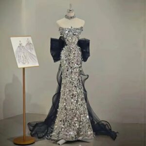 Vestido de noche Cheongsam mejorado, traje de sirena con lentejuelas, estilo occidental, con hombros descubiertos, para Banquete de lujo, 2024