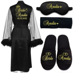 Bata de baño de plumas para dama de honor, ropa de dormir larga, elegante, Sexy, con nombre personalizado y fecha, para boda y fiesta