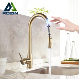 Rozin-grifo táctil inteligente para cocina, grifería extraíble con Sensor de oro cepillado, negro/níquel, rotación de 360 grados, grúa, mezclador de agua de 2 salidas