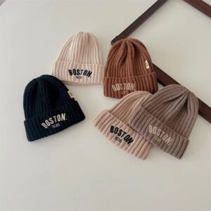 Gorro de punto con letras de Color sólido para bebé, gorro cálido de invierno para niñas y niños, bordado Vintage, gorro de ganchillo para niños pequeños
