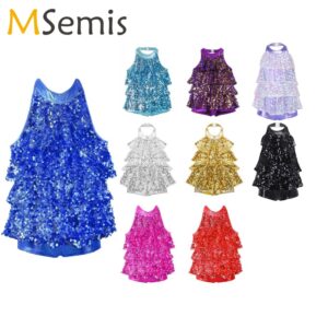 Vestido ajustado de lentejuelas brillantes para niños, Vestido corto para baile de Ballet, Jazz moderno, latino, Salsa, Samba, Rumba