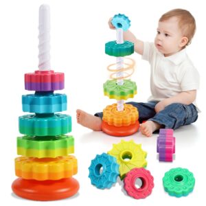 Torre de arcoíris giratoria Montessori, juguetes de rompecabezas apilables para bebés, seguridad y protección del medio ambiente, juguetes de colores para niños