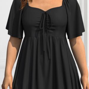 Camiseta de talla grande para mujer, Blusa plisada de manga corta con cuello cuadrado y cordones, Tops básicos sólidos Vintage informales para verano 2024
