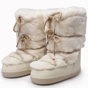 Botas de nieve de piel para mujer, botas de esquí con cordones peludos y esponjosos, plataforma de media pantorrilla plana con botas de algodón blanco, invierno, 2024