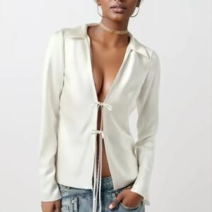 ZaracosHm-top ajustado de manga larga para mujer, camisa con textura de satén de seda decorada con lazo, versión alta, primavera, 2024