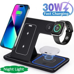 Soporte de cargador inalámbrico rápido con LED, estación de carga plegable 3 en 1 de 30W para iPhone 15, 14, 13, 12, 11, Apple Watch 9, 8, 7, 6, 5, Airpods Pro