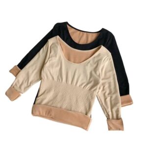 Ropa interior térmica para mujer, Tops cálidos de lana, manga larga, cuello redondo, Invierno