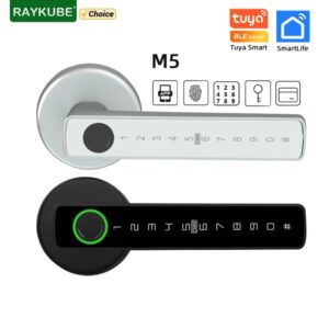 RAYKUBE-cerradura electrónica Digital con huella dactilar, dispositivo de cierre con contraseña, llave, tarjeta IC, Smartlife, aplicación Tuya, M5