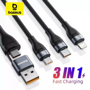 Baseus 3 en 2 USB Tipo C Cable para iPhone 15 14 13 12 ProMax 11 Cable cargador 100W 3 en 1 Cable para Samsung Xiaomi Mi Macbook