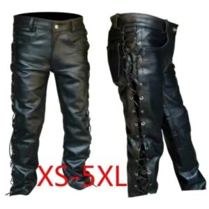 Pantalones vaqueros con cordones laterales de cuero negro grueso para hombre, pantalones largos para motocicleta, estilo vaquero