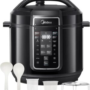 Olla Eléctrica de Presión Midea 9 en 1, 12 Programas Instantáneos Multicocina con Olla Antiadherente, Yogurtera, Arrocera, Cocción Lenta, Salteado, Vaporera, Olla Interior de Acero Inoxidable, 8 Cuartos Negro