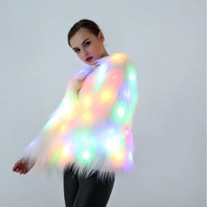 Abrigo de piel sintética para mujer, Sudadera con capucha LED multicolor, chaleco cálido, chaqueta LED brillante, disfraz de baile iluminado