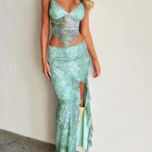 Conjunto de falda larga y Top de tubo para mujer, chaleco Floral sin mangas ajustado, faldas largas informales divididas, trajes sexys, verano, Y2K