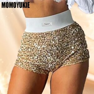Mini pantalones cortos con lentejuelas para mujer, ropa de cintura alta con purpurina, Sexy, ajustada, para fiesta, club nocturno, 2023