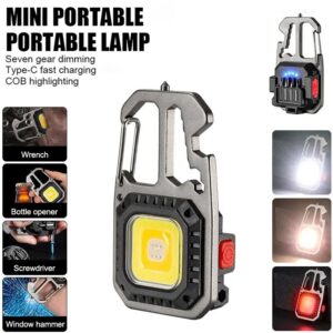 Linterna LED portátil para llavero, luz de trabajo COB para acampar al aire libre, iluminación de emergencia con martillo para ventana, lámpara para abrebotellas