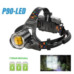 Faro LED superbrillante con cuentas de lámpara XHP90, faro impermeable, pantalla de energía, adecuado para exploración, caza y pesca