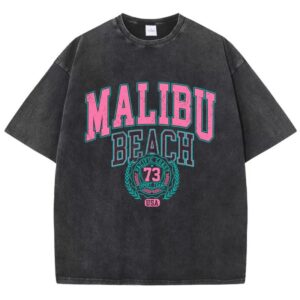 Camiseta lavada de algodón con estampado de letras para mujer, ropa informal con estampado de Malibu, holgada, a la moda