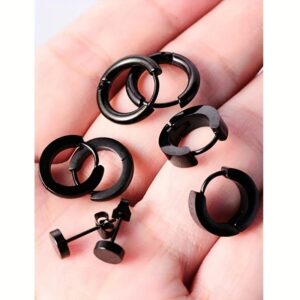 Juego de 4 pares de pendientes para hombre, aretes y aros de acero inoxidable negro, duraderos, versátiles y sin alergias