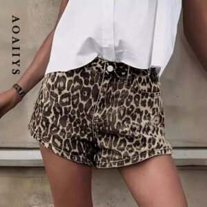 Aoaiiys-pantalones cortos de mezclilla con estampado de leopardo para mujer, pantalón corto informal con botón, Vintage, con cremallera caída, ropa de calle Y2k para verano