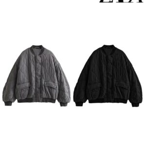TRAF Chaqueta cálida, cómoda y a la moda Cuello redondo con cremallera y botón Chaqueta de aviador Versátil chaqueta suelta de algodón para mujer Chaqueta de aviador casual vintage